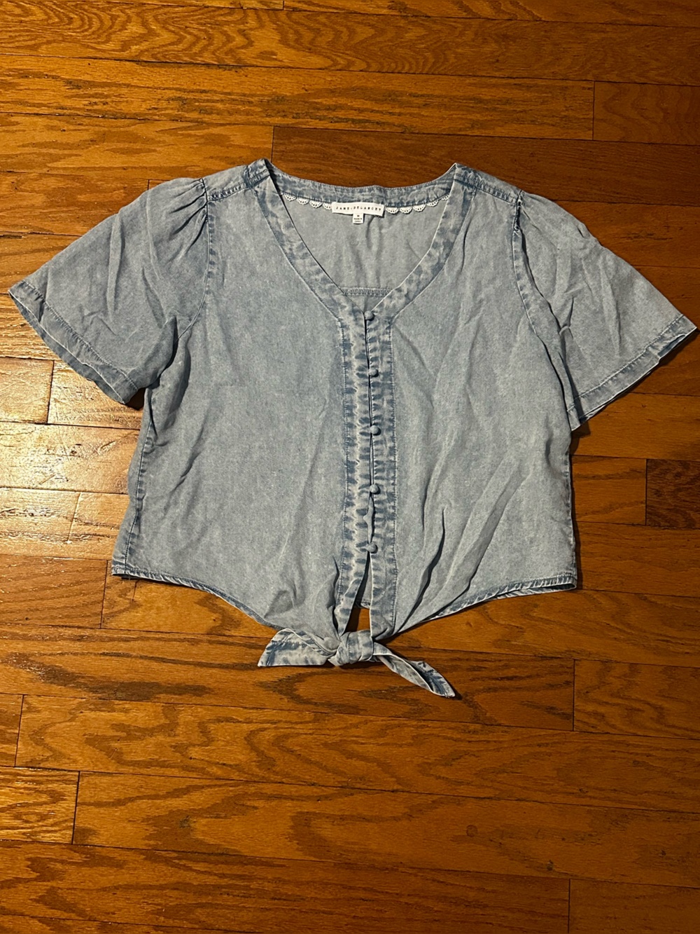 Jane and Delancey Light Blue Denim Tie-Front Crop Top